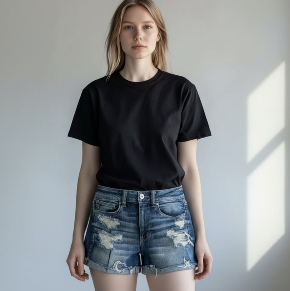 American Eagle Outfitters Pants - American Eagle Denim Blue Distressed Hi Rise Jean Shorts Cuffed Hems Sz 6